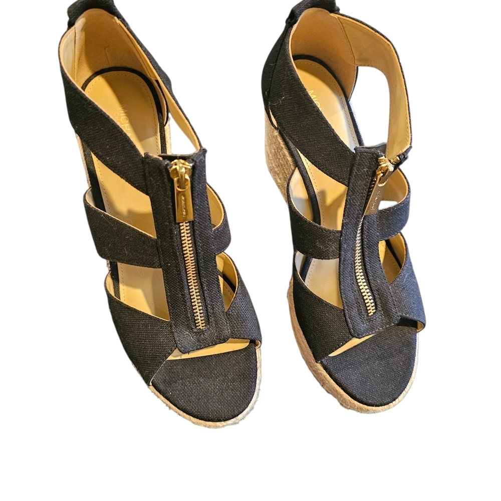 Michael Kors Black Strappy Espadrille Wedge Sandals with Gold Zip